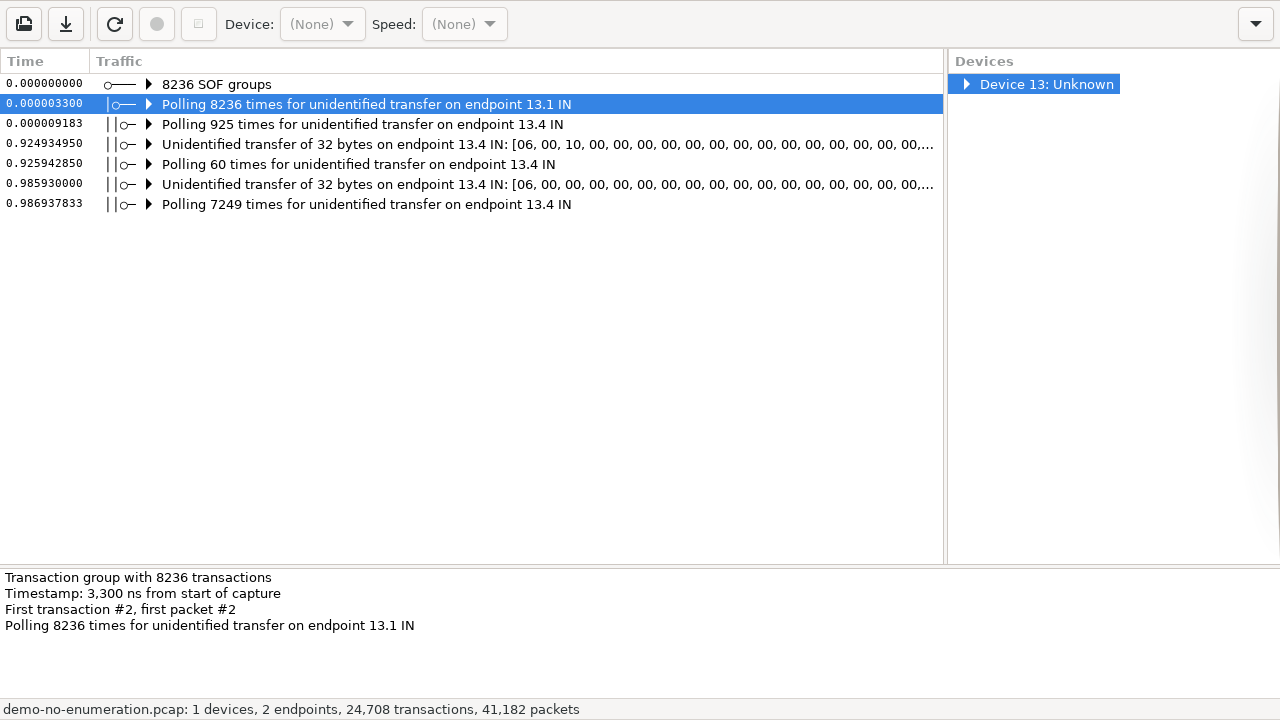 Packetry showing unidentified transfers and unknown device